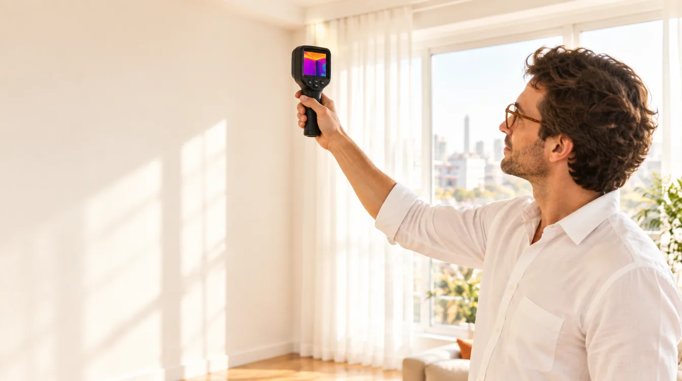 Un Arquitecto de Estudio TREO apunta una cámara térmica a la parte alta de una pared en un ambiente luminoso
