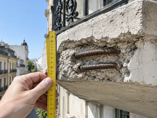 Borde de la losa de un balcón con el revoque desprendido y dos barras de armadura a la vista, junto a una regla plegable