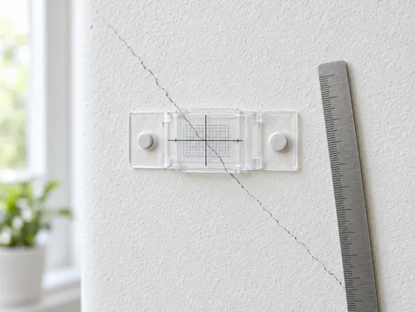 Fisurómetro de control pegado sobre una fisura fina en una pared blanca, junto a una regla