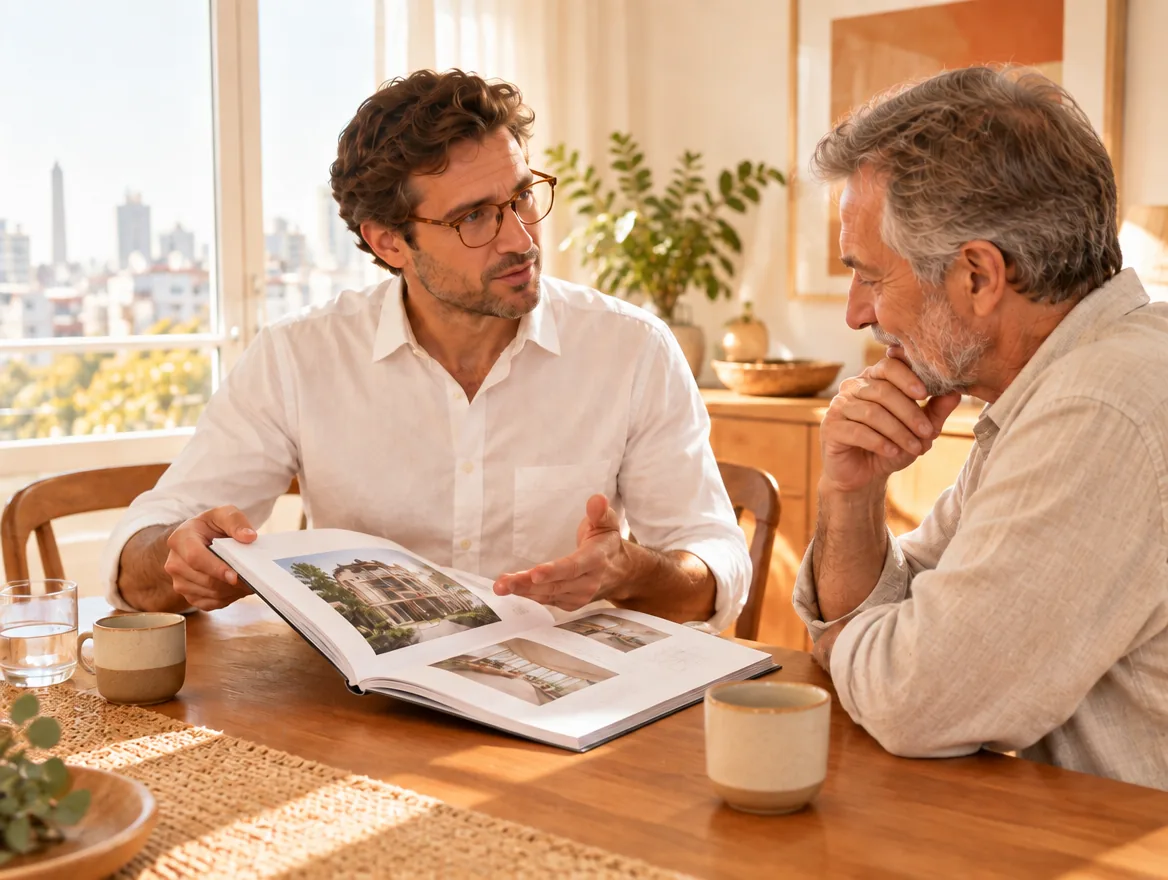 El Arquitecto le explica el Informe técnico impreso a un cliente en la mesa de su casa